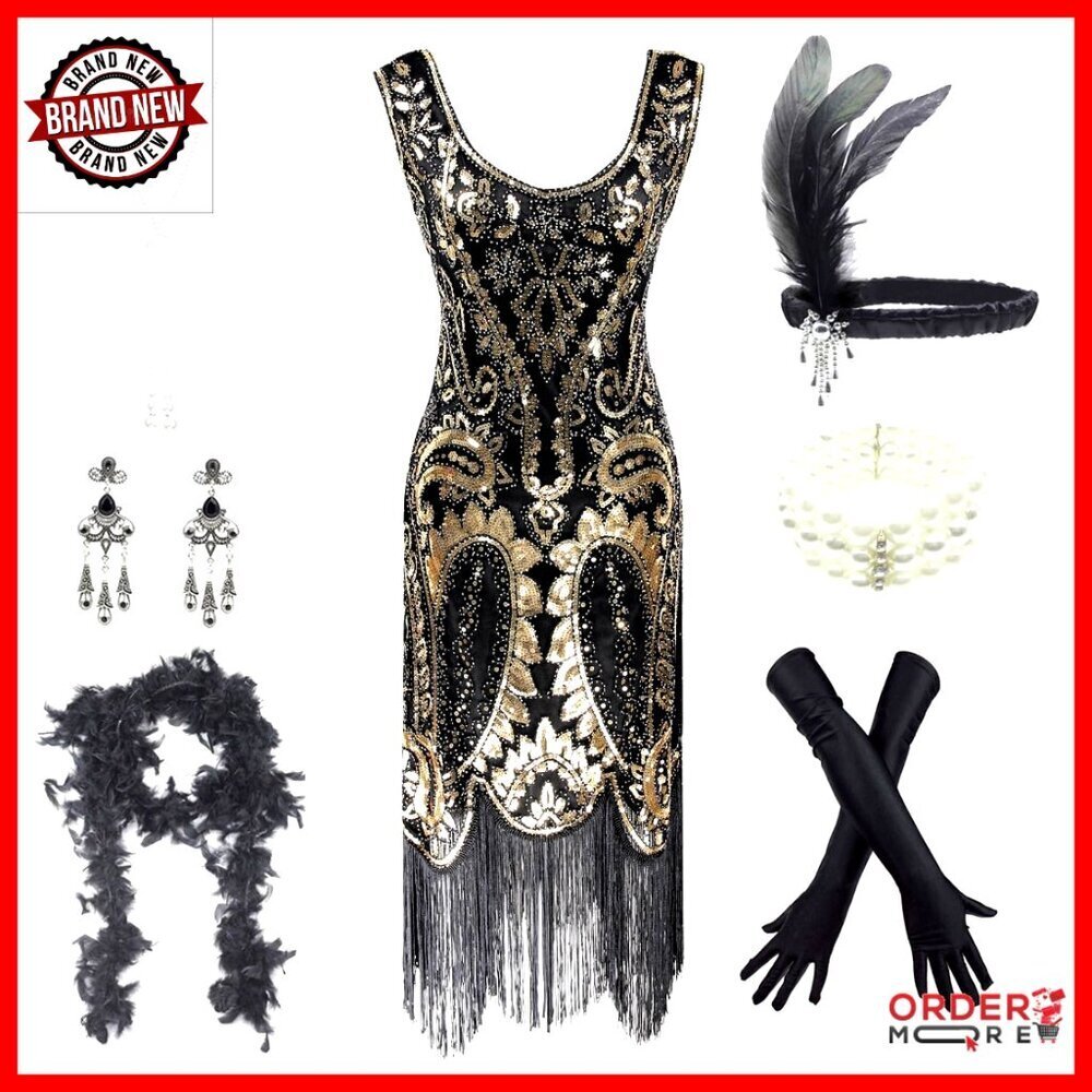 V-Neck Flapper Dress with Accessories Set, Spandex Satin, Zipper Closure